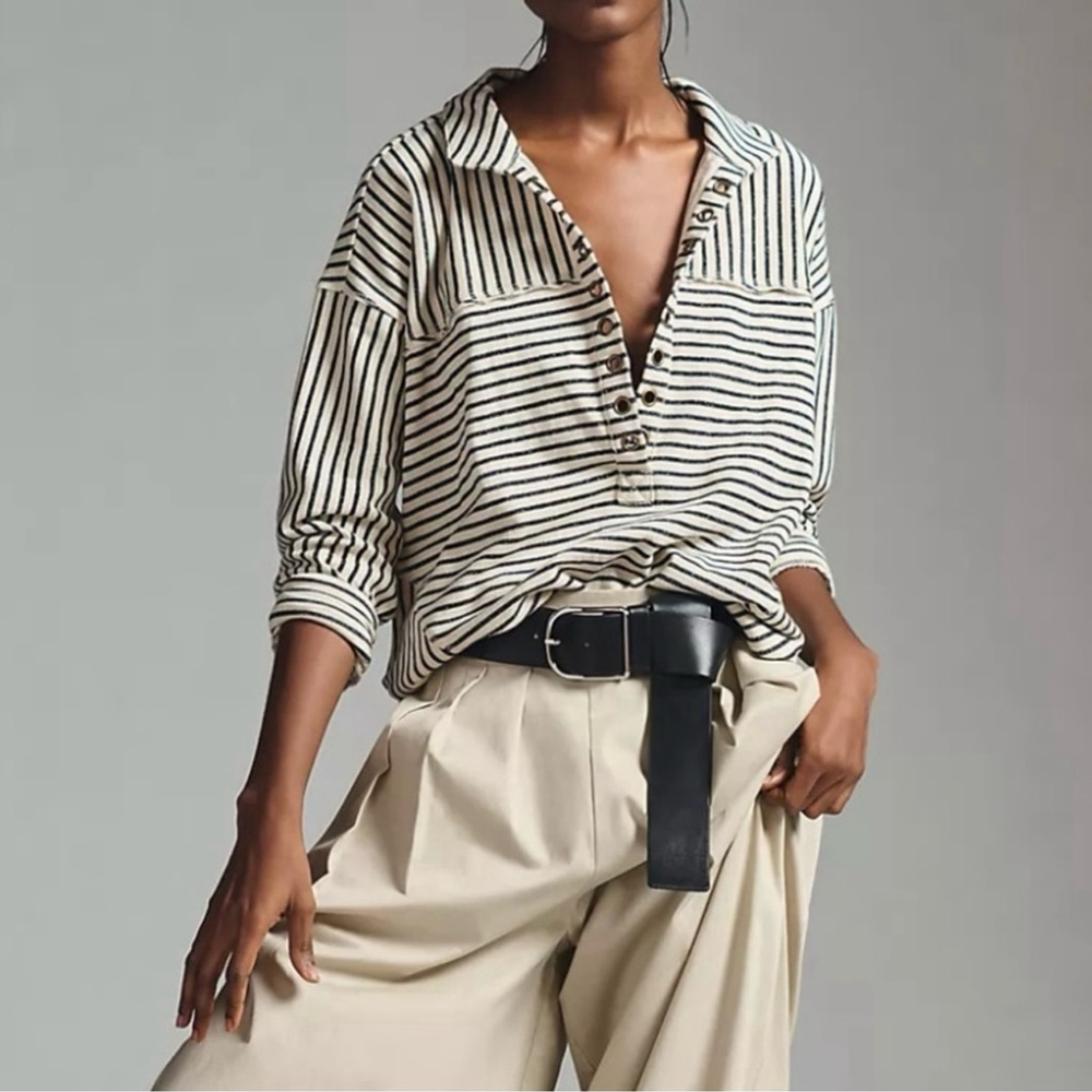 Pilcro Spliced Henley Top Anthropologie Size XS Ivory/Black Stripe Oversized